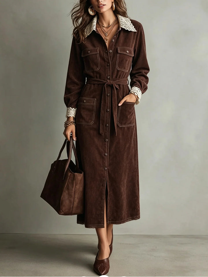 KAREN | BROWN CORDUROY LACE-COLLAR SHIRT DRESS