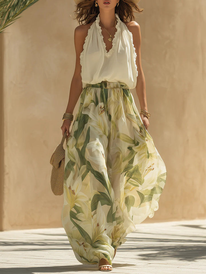 Alessandra - Chiffon Sleeveless Top with Ruffles and Lilium Print Trousers