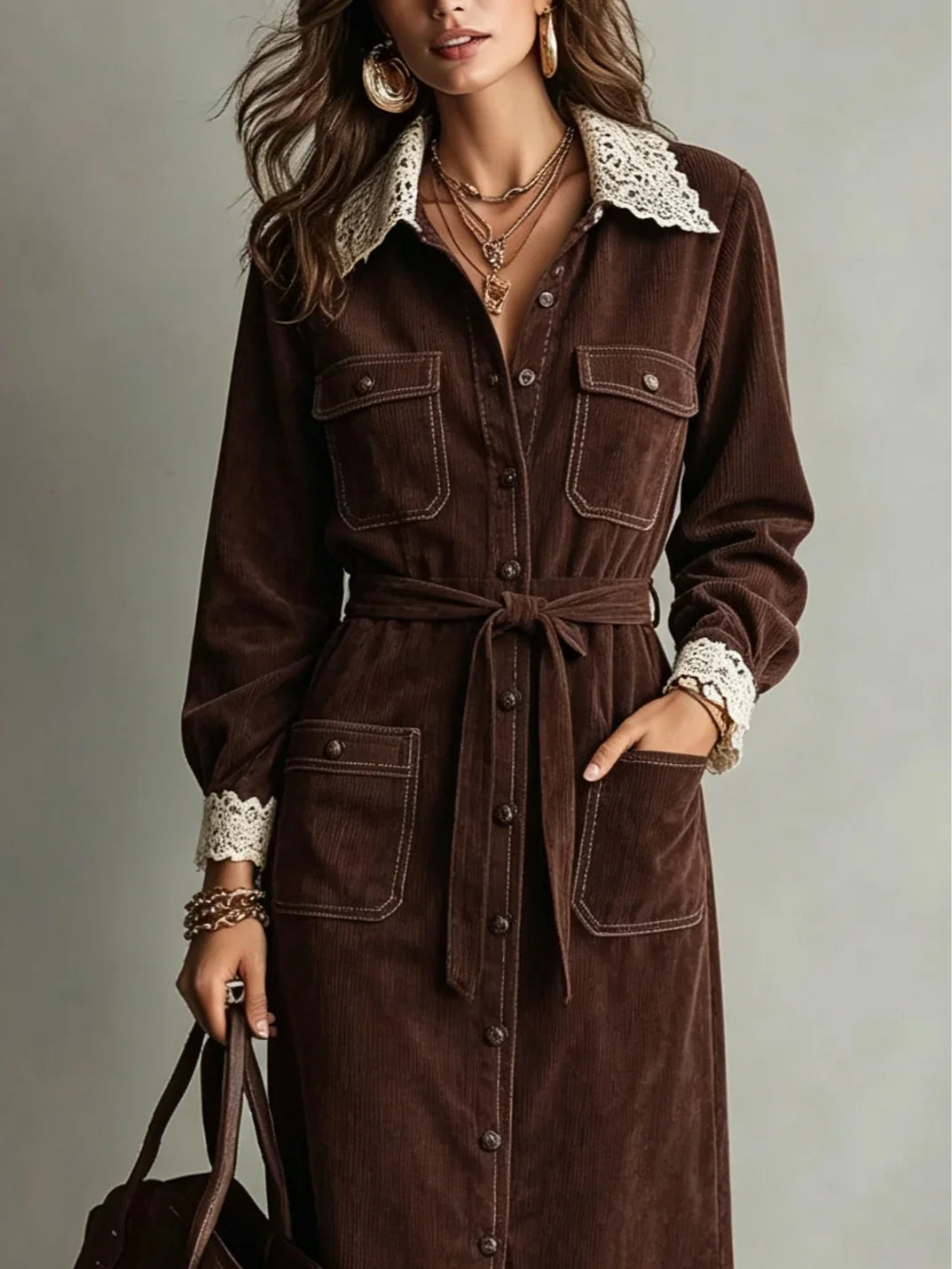 KAREN | BROWN CORDUROY LACE-COLLAR SHIRT DRESS