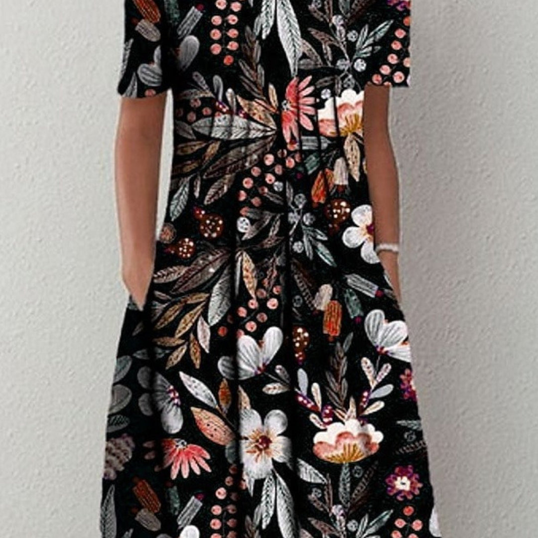 Floral Round Neck Pocket Midi Dress | Spring Summer Women'S Casual Feminine Gown, Modern Artistic Design, Layered Chic Look, Relaxed Everyday Style