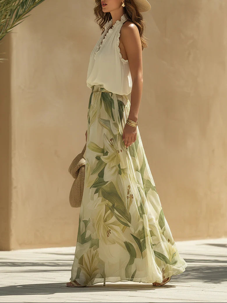 Alessandra - Chiffon Sleeveless Top with Ruffles and Lilium Print Trousers