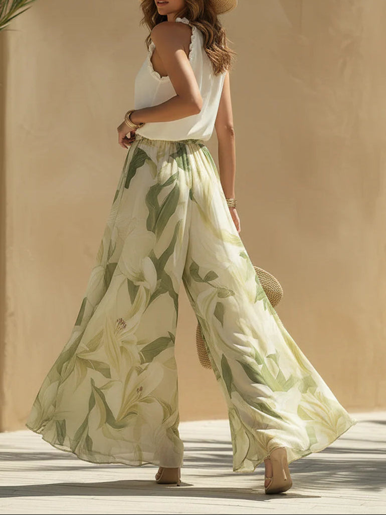Alessandra - Chiffon Sleeveless Top with Ruffles and Lilium Print Trousers