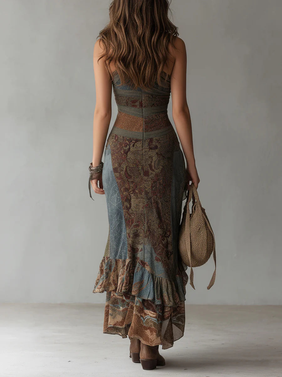 Elena - Long one-shoulder printed dress in ethnic style with high slit