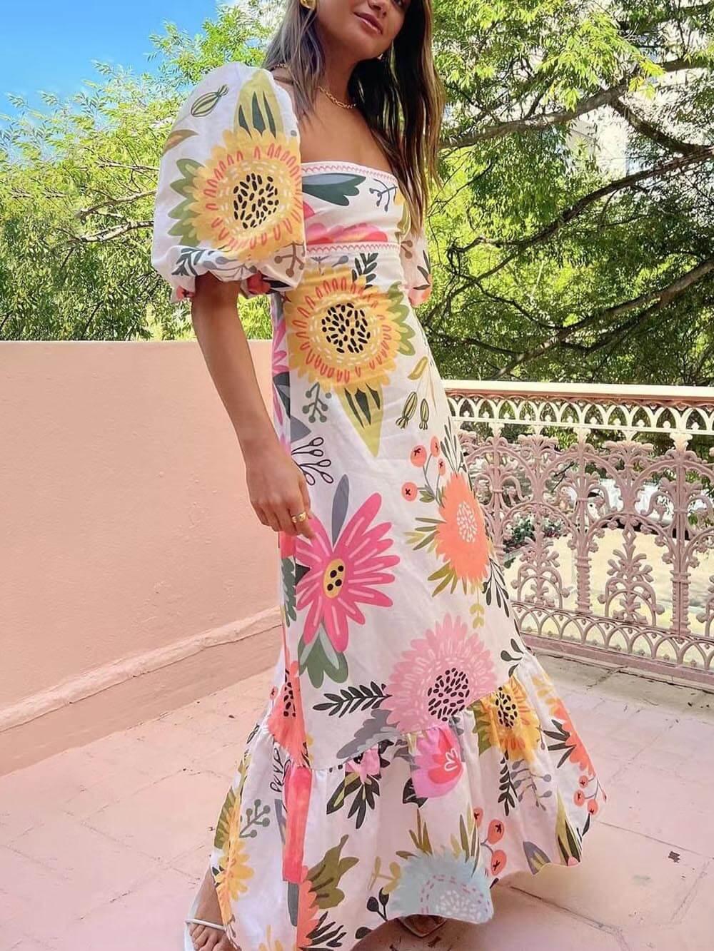 Ivy | Holiday Square Neck Floral Print Maxi Dress