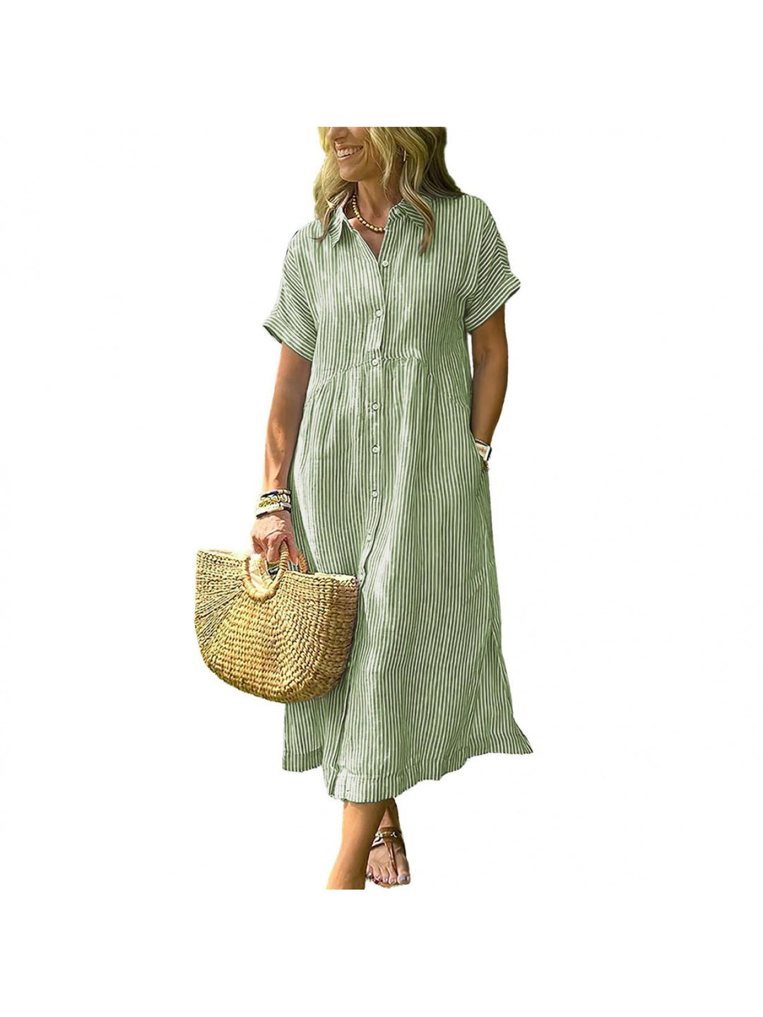 Amelia | Relaxed Midi Striped Dress with Bohemian Side Slits And Pockets