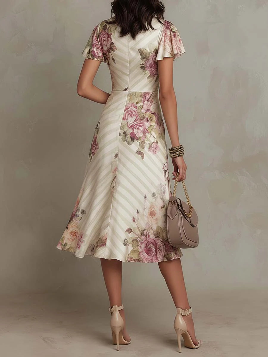 Margaret | Vintage Floral Satin Midi Dress