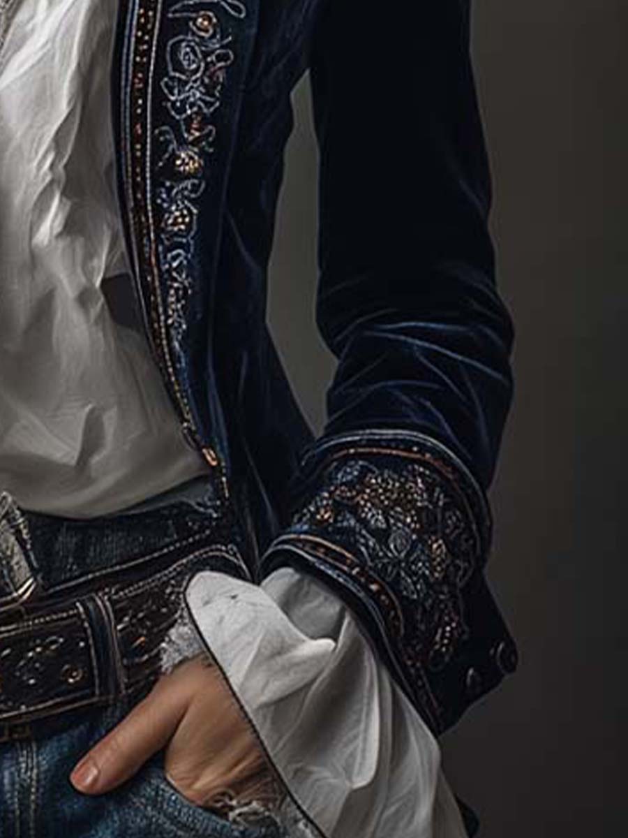 Lindsey | Long Vintage Velvet Jacket with Embroidery