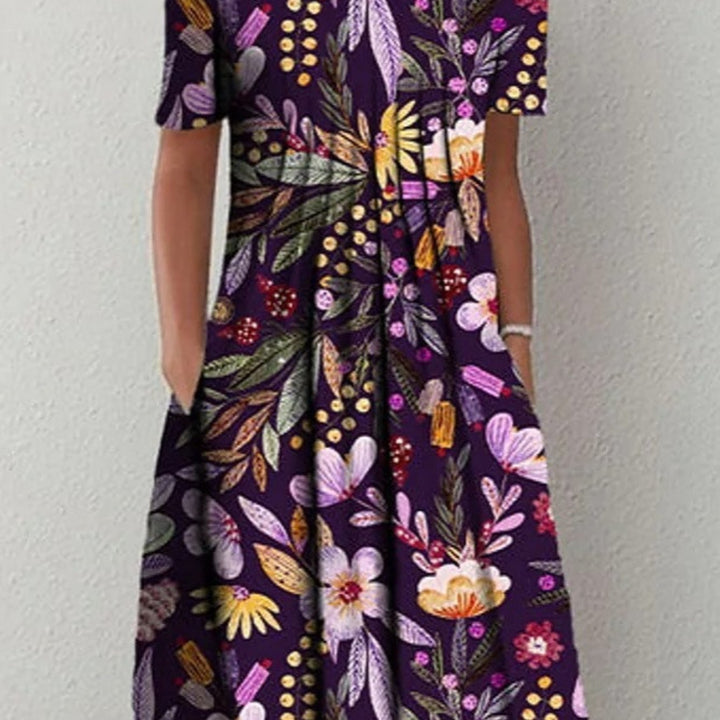 Floral Round Neck Pocket Midi Dress | Spring Summer Women'S Casual Feminine Gown, Modern Artistic Design, Layered Chic Look, Relaxed Everyday Style