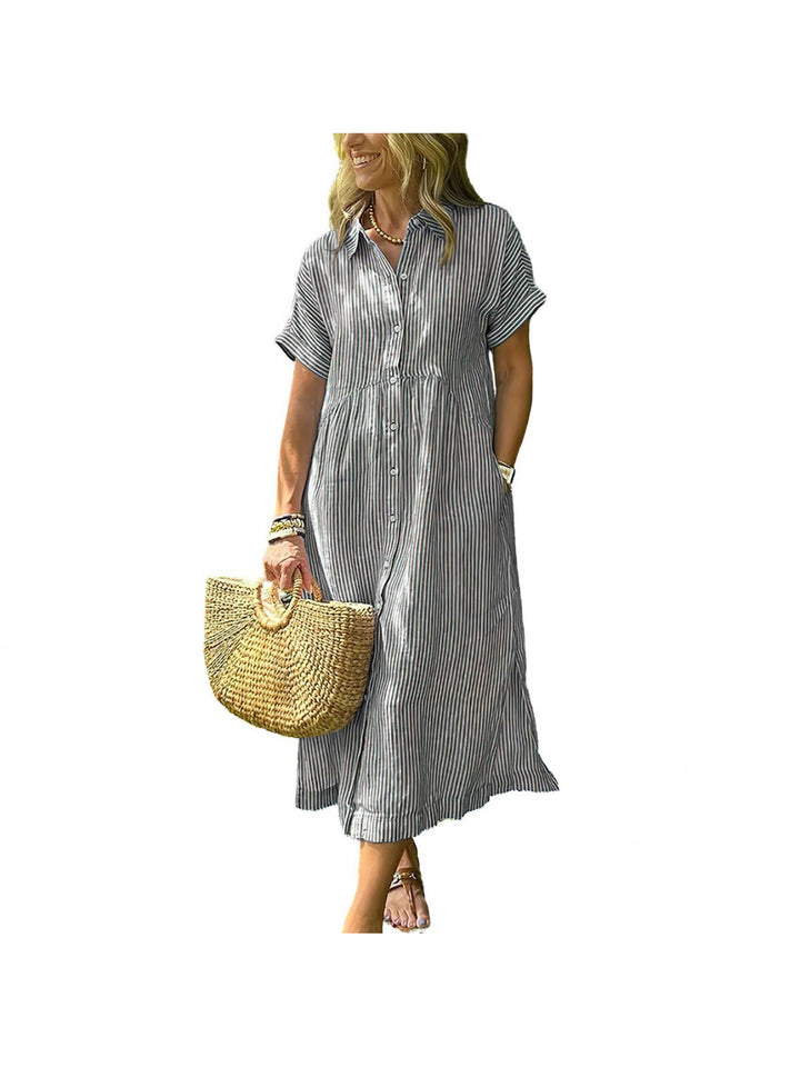 Amelia | Relaxed Midi Striped Dress with Bohemian Side Slits And Pockets