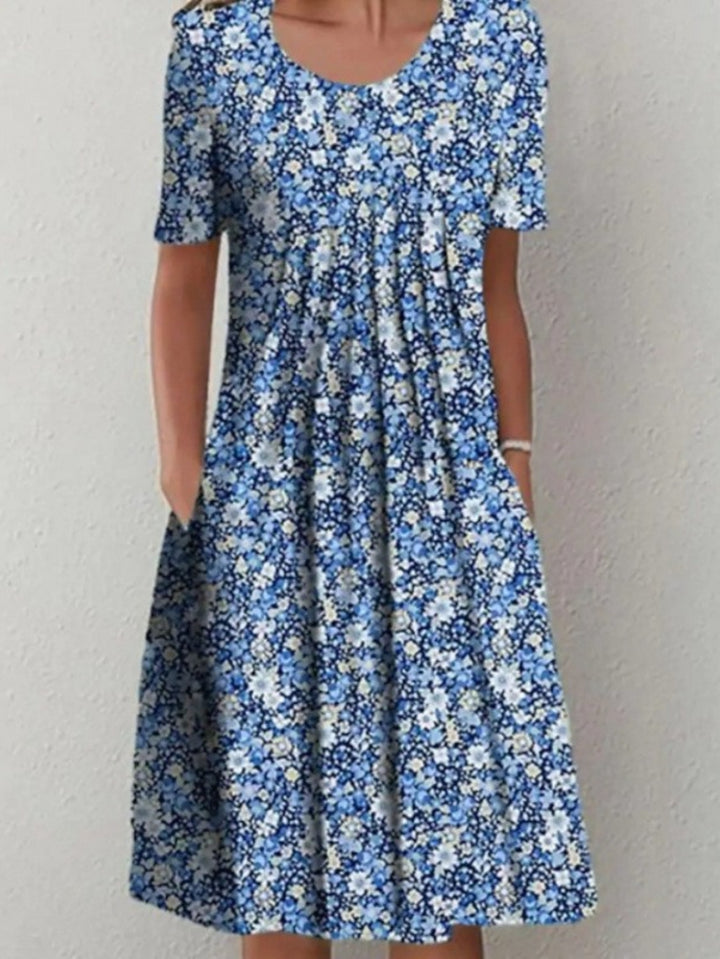 Floral Round Neck Pocket Midi Dress | Spring Summer Women'S Casual Feminine Gown, Modern Artistic Design, Layered Chic Look, Relaxed Everyday Style