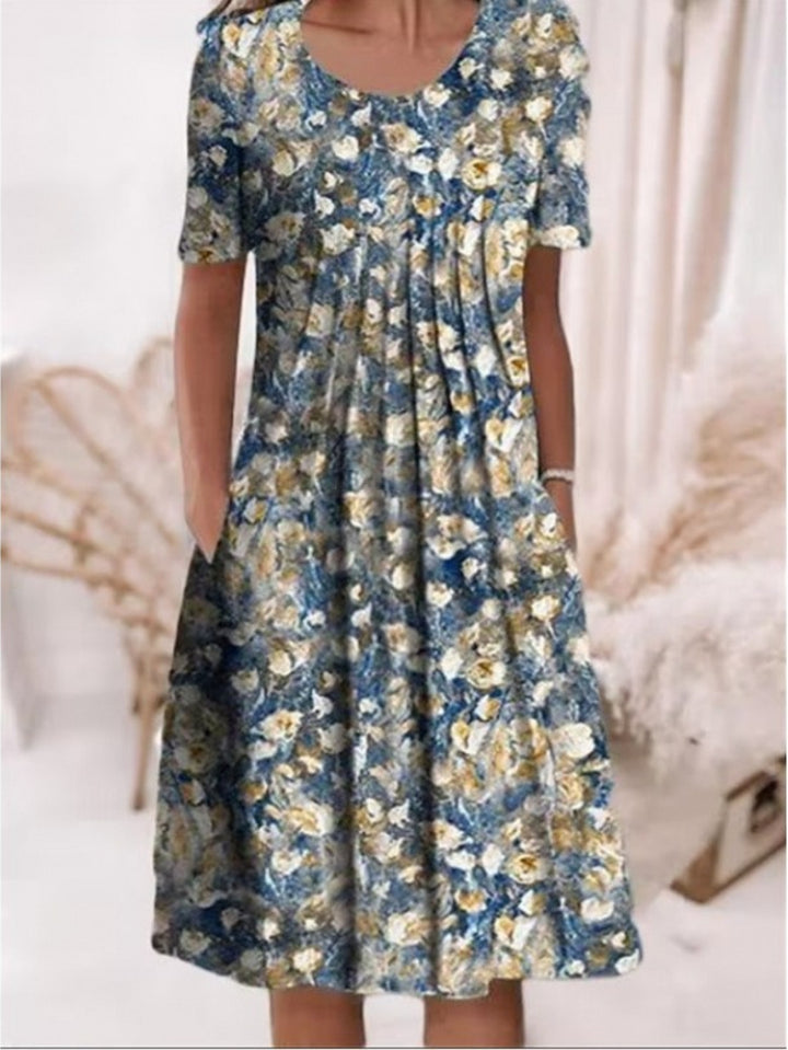 Floral Round Neck Pocket Midi Dress | Spring Summer Women'S Casual Feminine Gown, Modern Artistic Design, Layered Chic Look, Relaxed Everyday Style