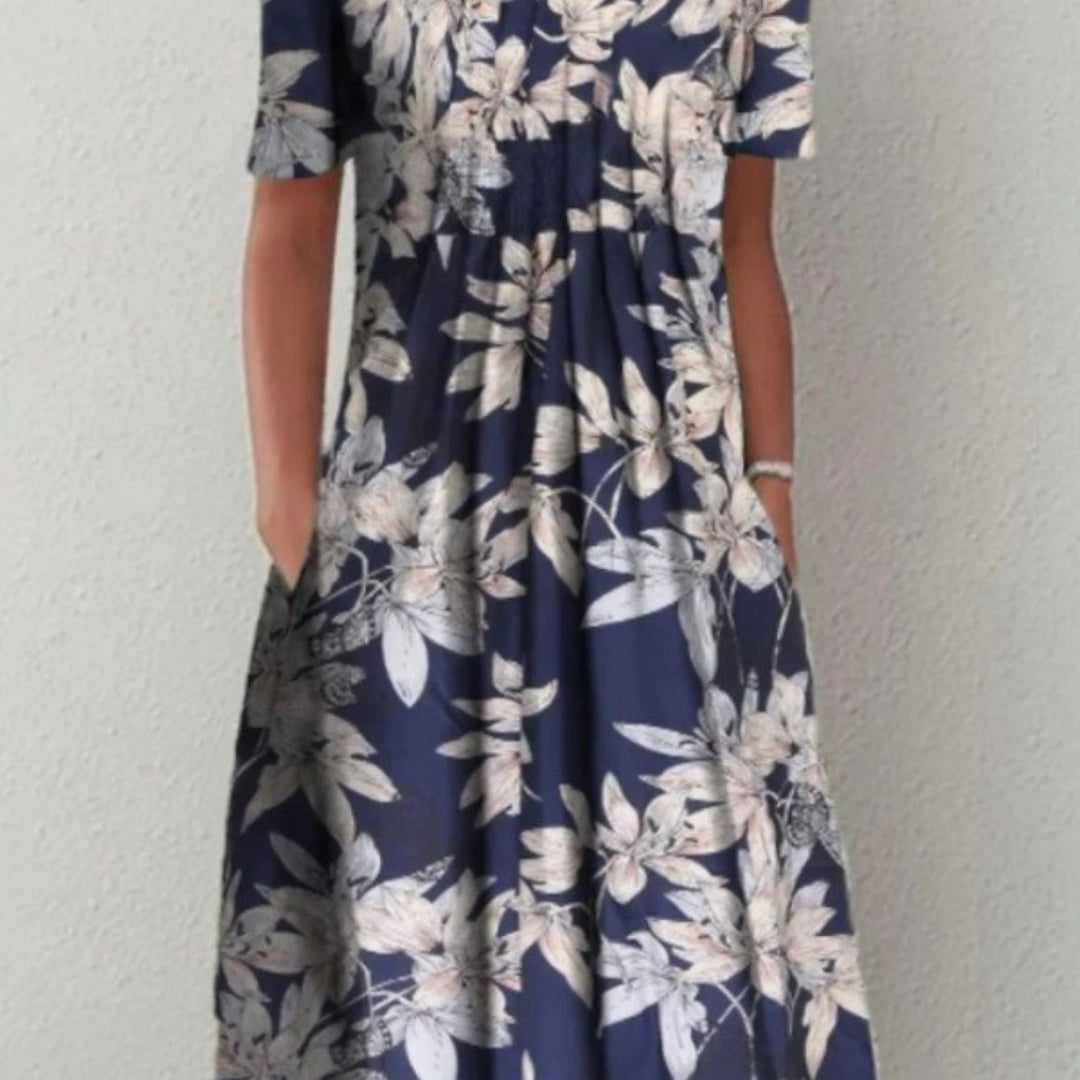 Floral Round Neck Pocket Midi Dress | Spring Summer Women'S Casual Feminine Gown, Modern Artistic Design, Layered Chic Look, Relaxed Everyday Style