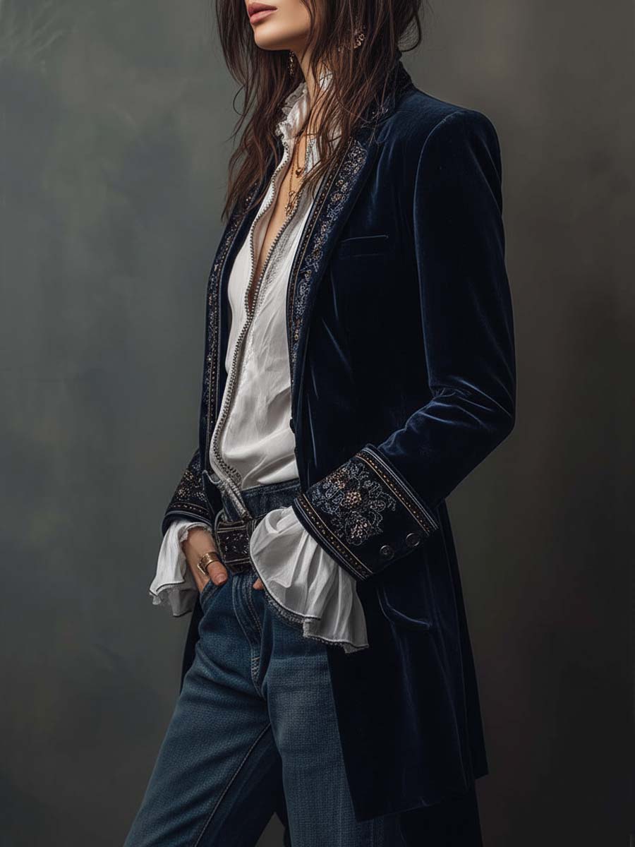 Benita | Long Vintage Velvet Jacket with Embroidery
