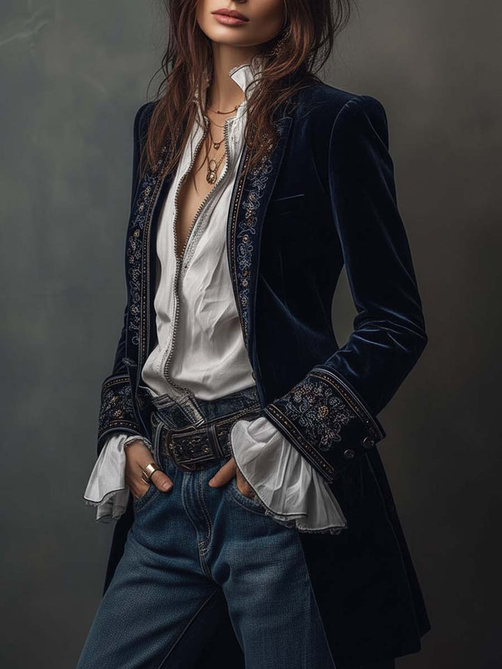 Lindsey | Long Vintage Velvet Jacket with Embroidery