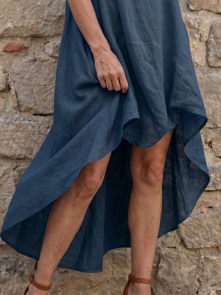 Grier | Flowing High Low Clean Neckline Midi Dress