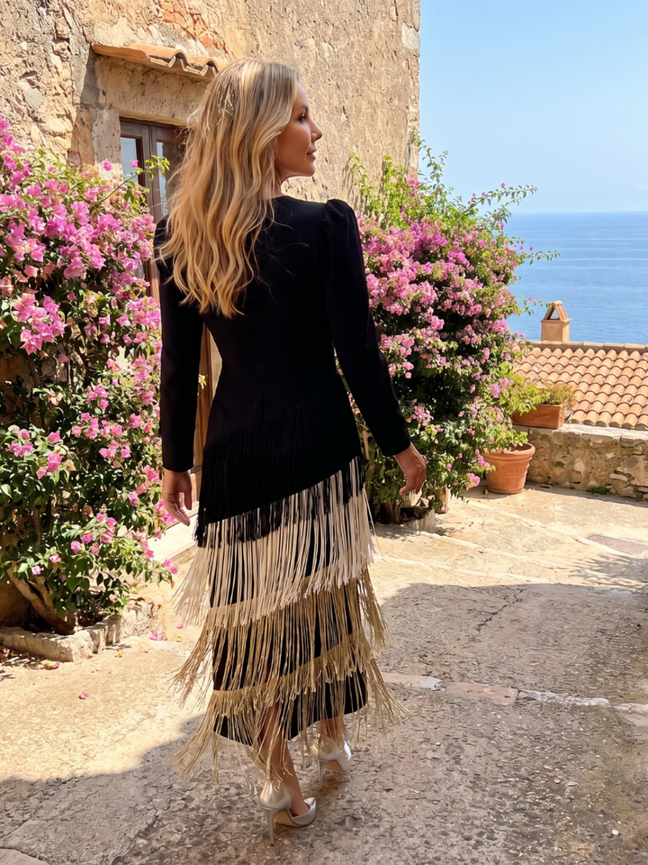 Samara | Long Sleeve Soft Fringe Skirt Midi Dress