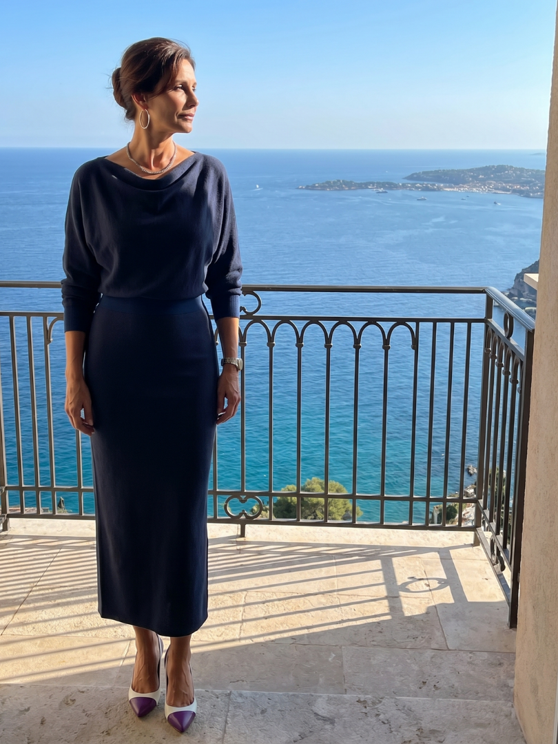 Romy | Draped Neckline Fitted Skirt Midi Dress