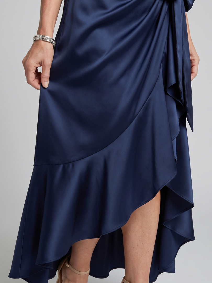 Honora | Halter Neck Wrap Asymmetric Hem Midi Dress