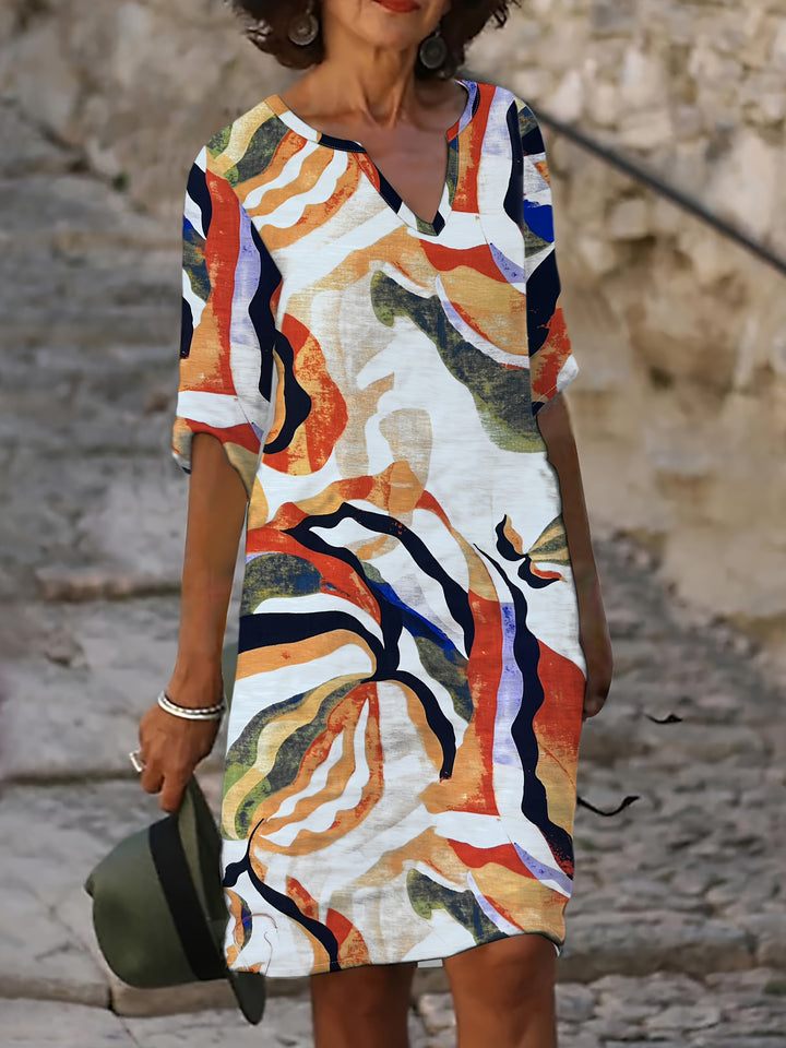 Alexandra | 100% Linen V-Neck Printed Dress