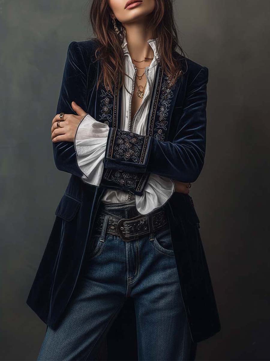 Lindsey | Long Vintage Velvet Jacket with Embroidery