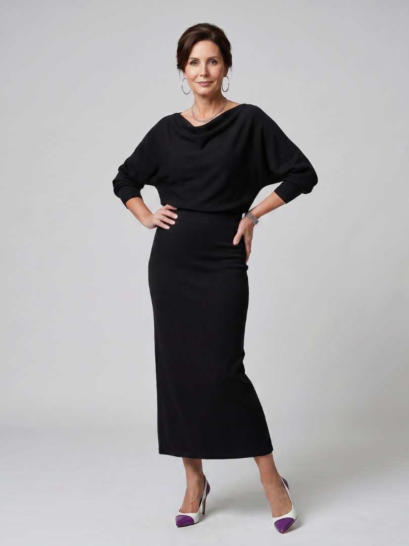 Romy | Draped Neckline Fitted Skirt Midi Dress