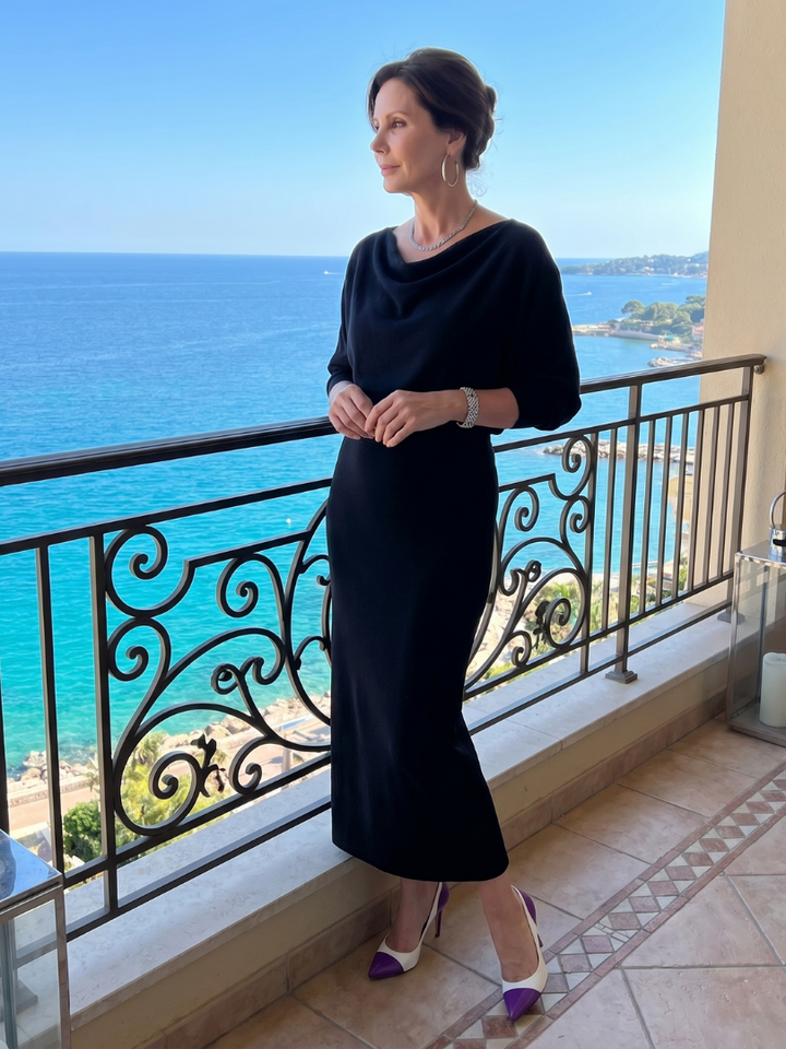 Romy | Draped Neckline Fitted Skirt Midi Dress