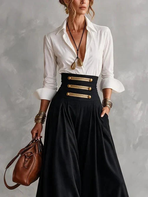 AMELIA | WHITE COLLAR SHIRT & GOLD-BUTTON MAXI SKIRT SET