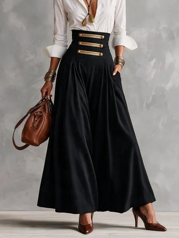 AMELIA | WHITE COLLAR SHIRT & GOLD-BUTTON MAXI SKIRT SET