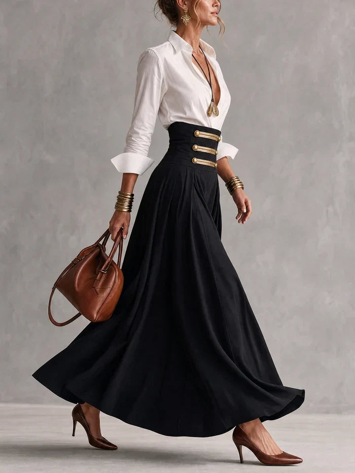 AMELIA | WHITE COLLAR SHIRT & GOLD-BUTTON MAXI SKIRT SET