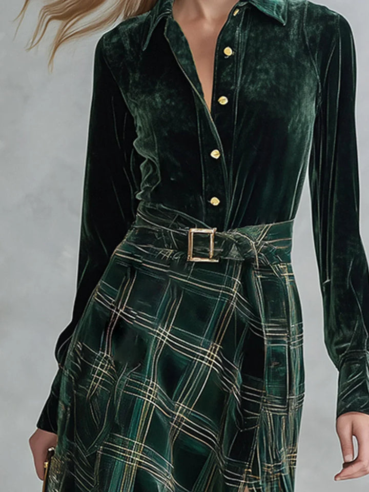 ISA | GREEN VELVET PLAID MAXI DRESS SET