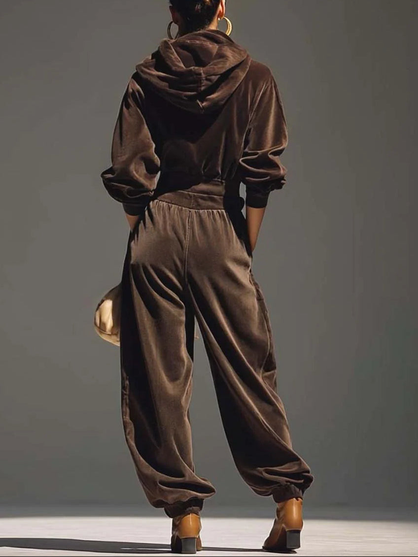 Vintage Brown Hoodie & Loose-Fitting Trousers Set (Includes Belt)