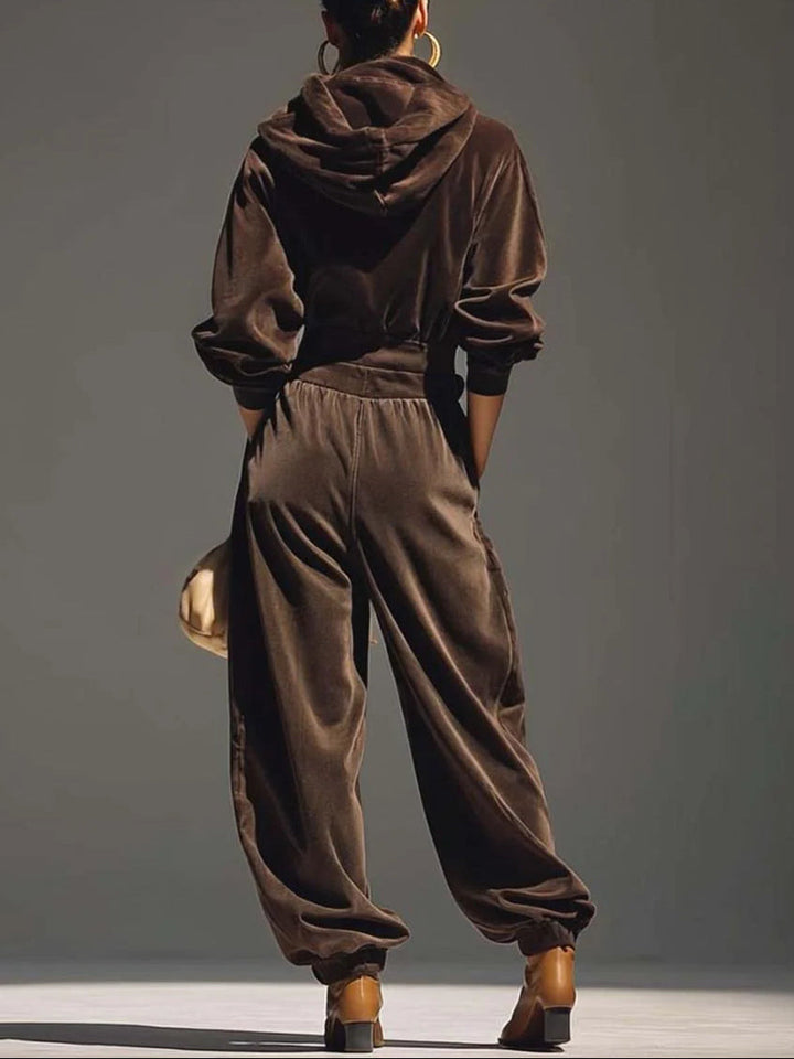 Vintage Brown Hoodie & Loose-Fitting Trousers Set (Includes Belt)