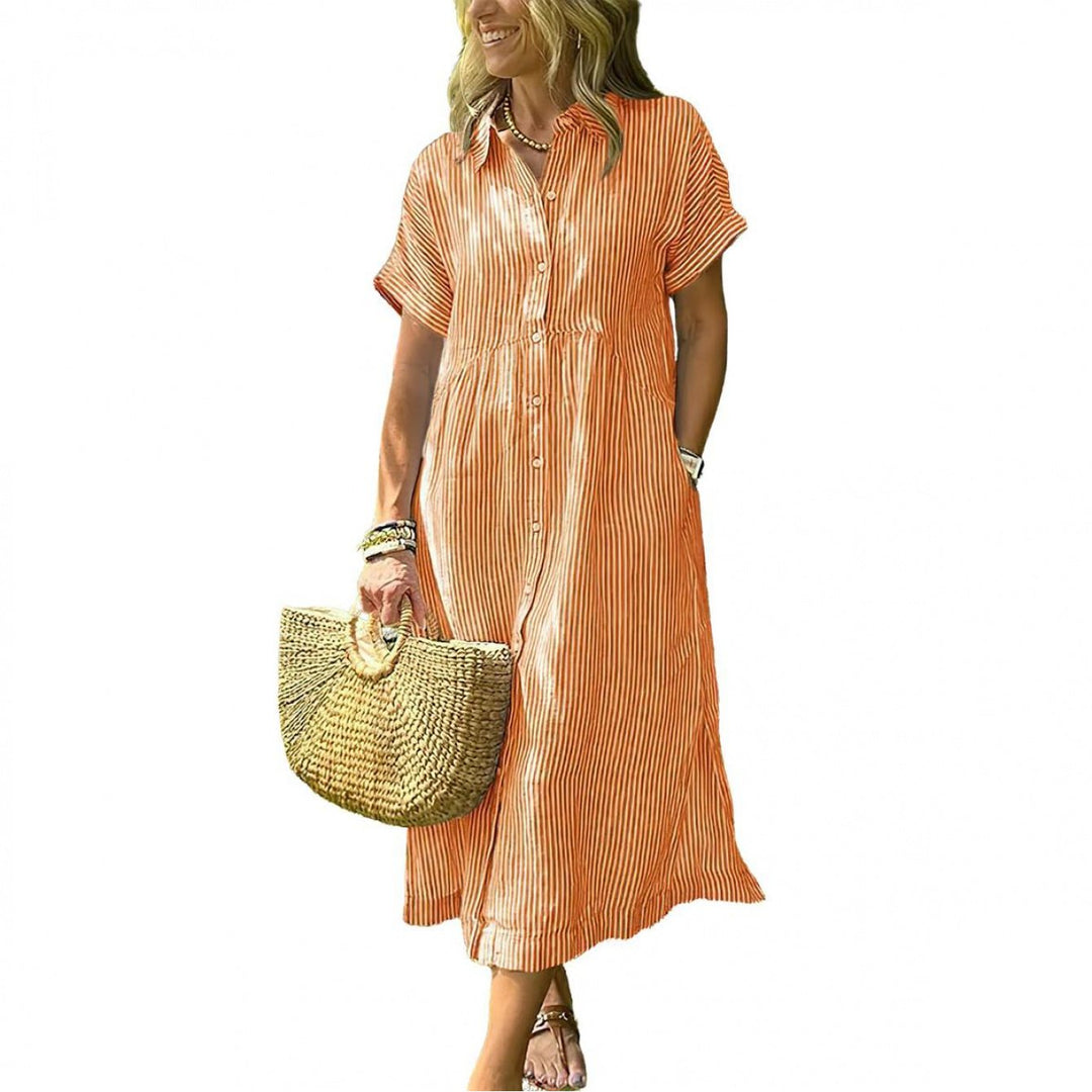 Amelia | Relaxed Midi Striped Dress with Bohemian Side Slits And Pockets