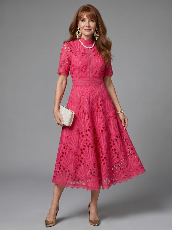 Juno | Short Sleeve Eyelet Lace Fitted Waist Midi Dress