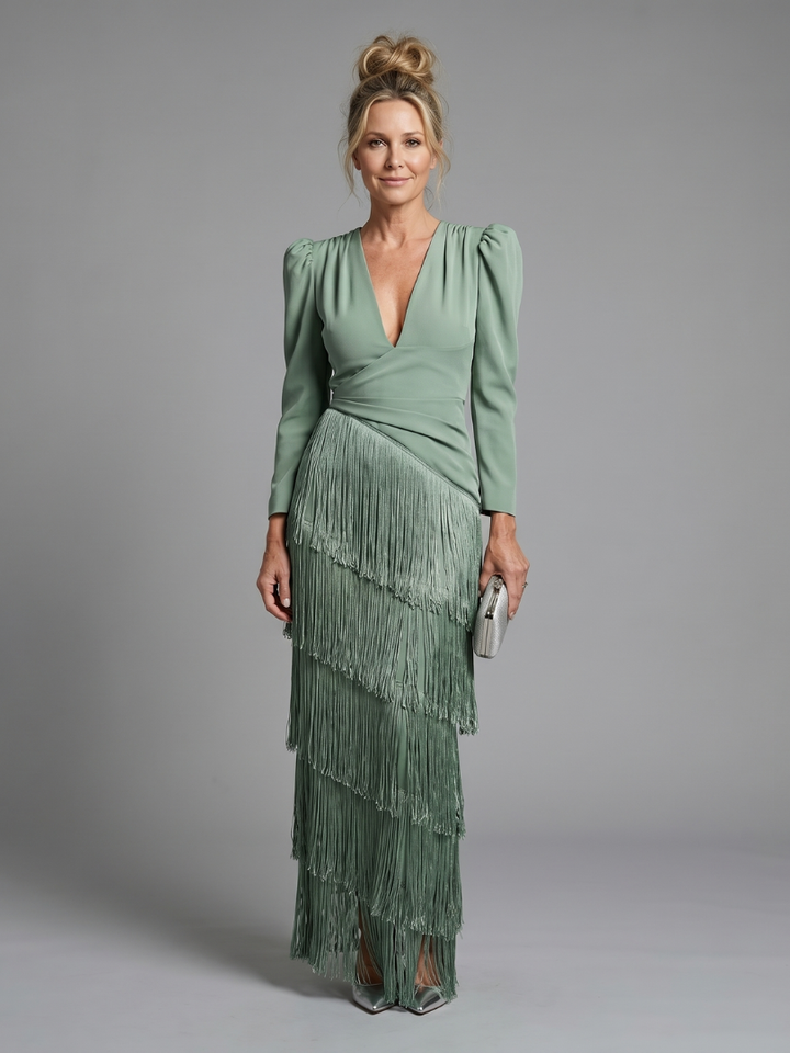 Samara | Long Sleeve Soft Fringe Skirt Midi Dress
