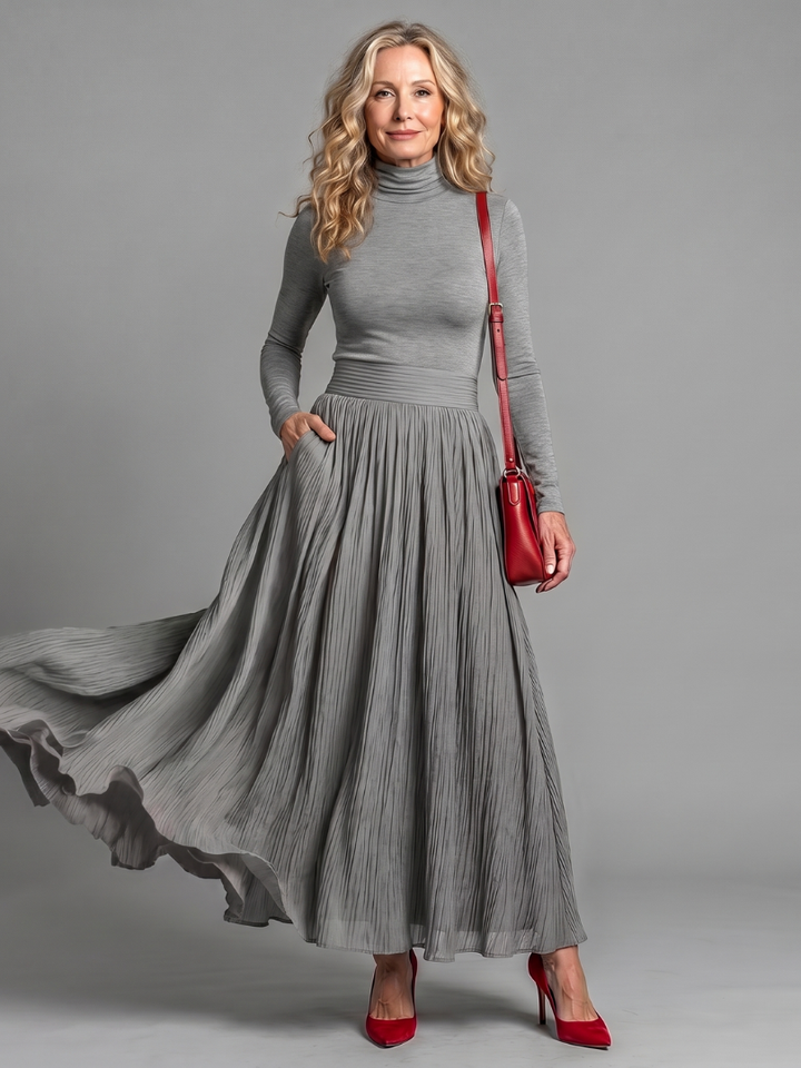 Lana | Long Sleeve Turtleneck Defined Waist Midi Dress