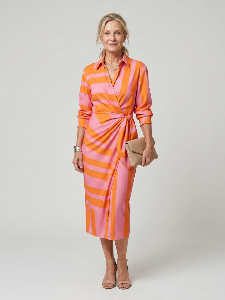 Leya | Long Sleeve Collared Wrap Stripe Pattern Midi Dress