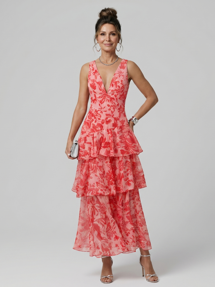 Gala | Deep V Sleeveless Painterly Pattern Midi Dress