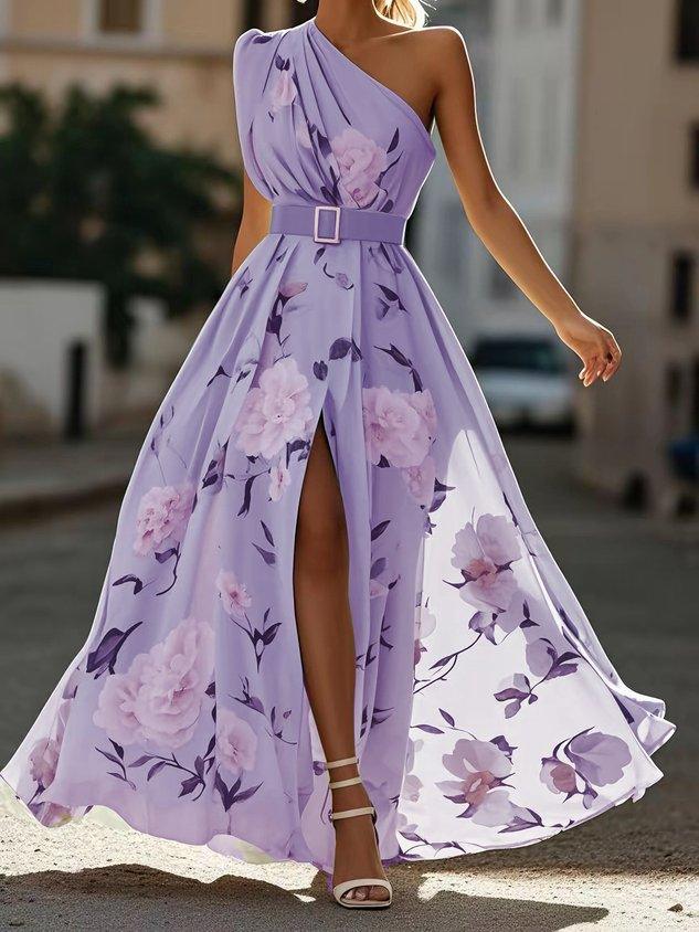 Julie | Light Green Floral Chiffon One-Shoulder Maxi Dress