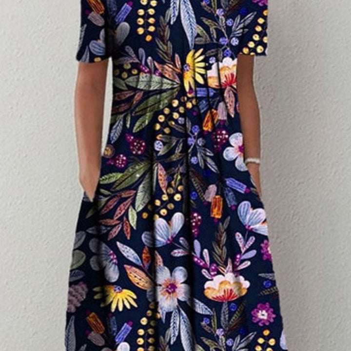 Floral Round Neck Pocket Midi Dress | Spring Summer Women'S Casual Feminine Gown, Modern Artistic Design, Layered Chic Look, Relaxed Everyday Style