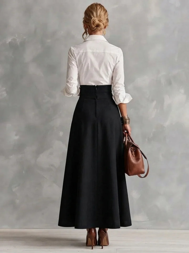 AMELIA | WHITE COLLAR SHIRT & GOLD-BUTTON MAXI SKIRT SET