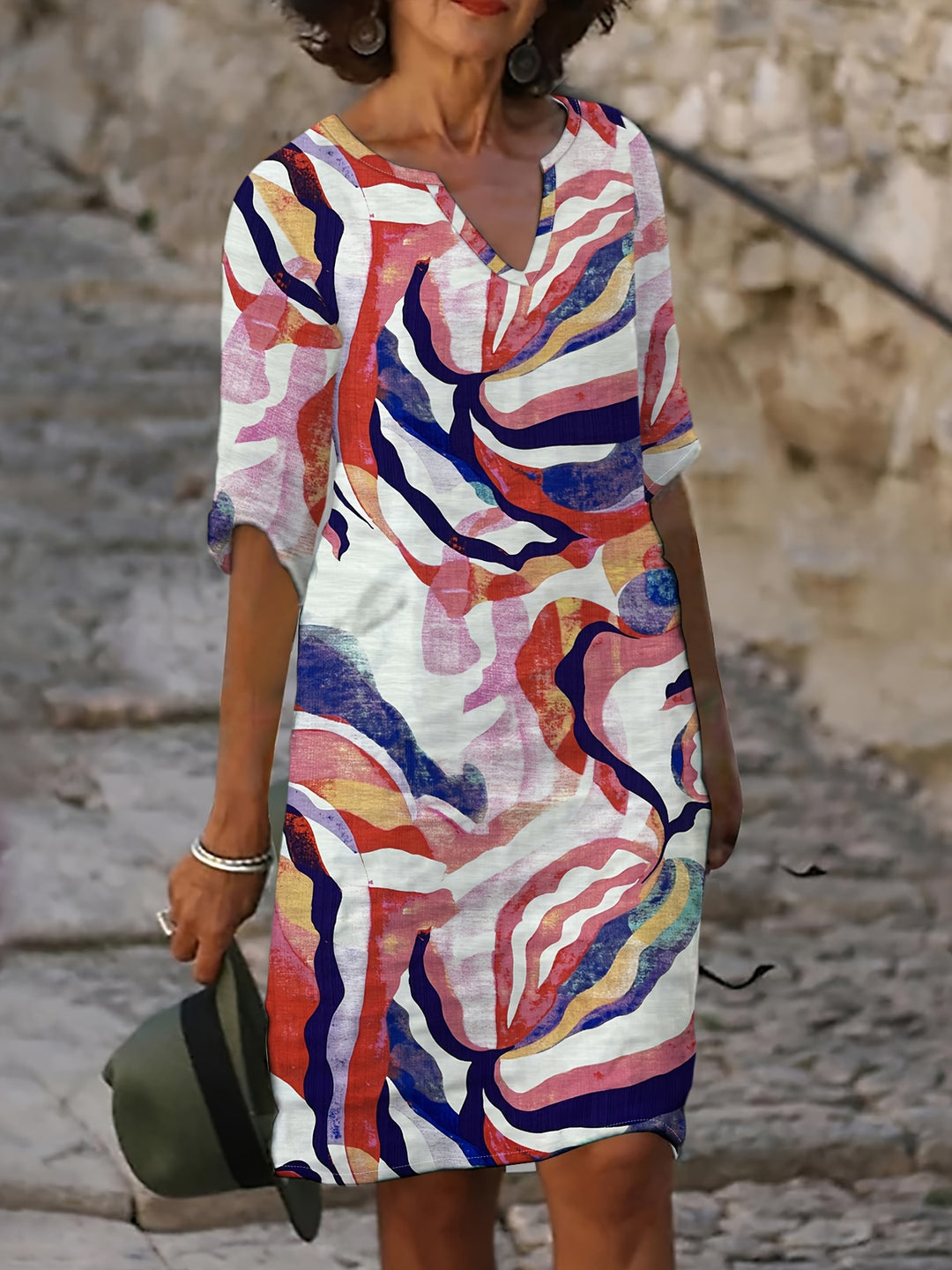 Alexandra | 100% Linen V-Neck Printed Dress
