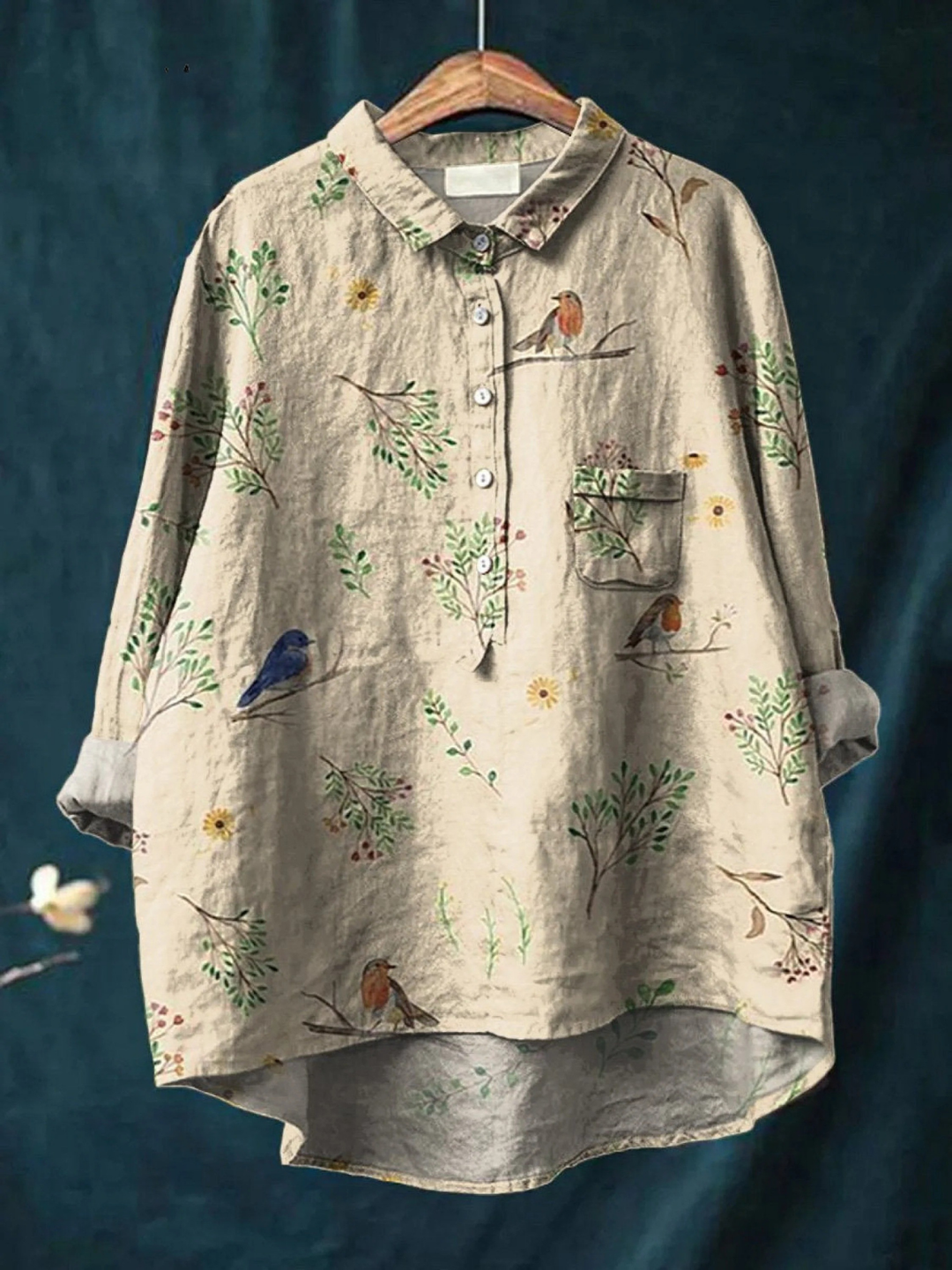 Alice | Boughs And Robin Birds Pattern Printed Women's Casual Shirt