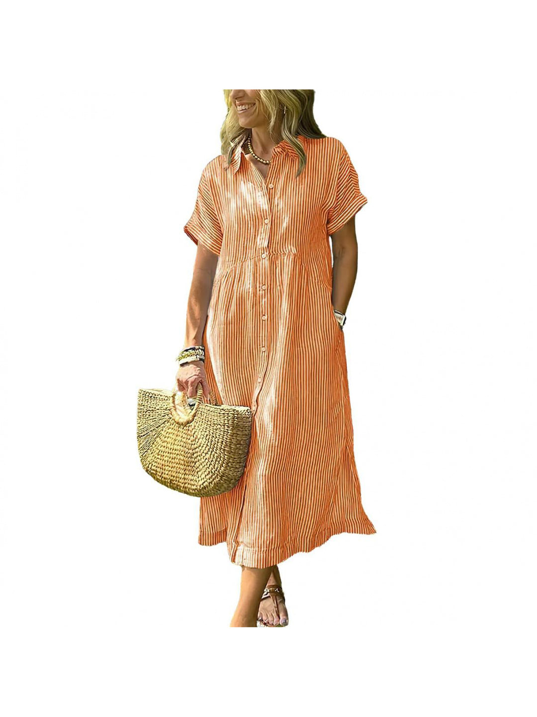 Amelia | Relaxed Midi Striped Dress with Bohemian Side Slits And Pockets