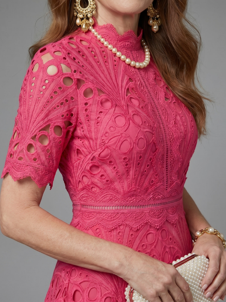 Juno | Short Sleeve Eyelet Lace Fitted Waist Midi Dress
