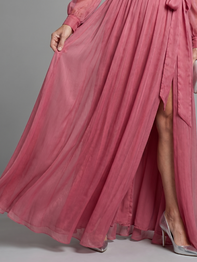 Meredith | Long Sleeve Wrap Sheer Flowing Maxi Dress