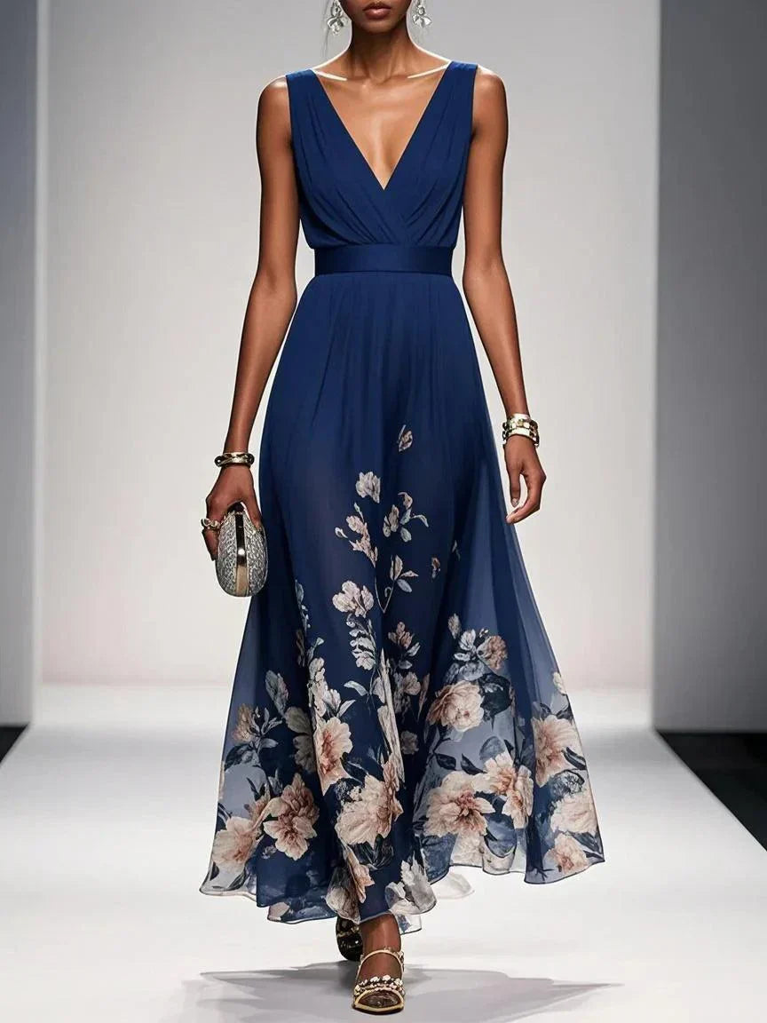 Rose | Light Blue Floral Chiffon V-Neck Maxi Dress