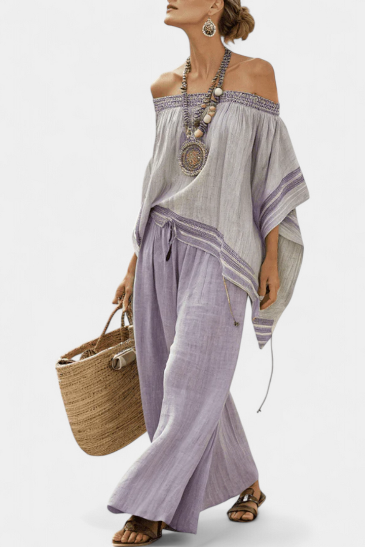Zandrel | Elegant Off-Shoulder Top & Wide-Leg Striped Pants