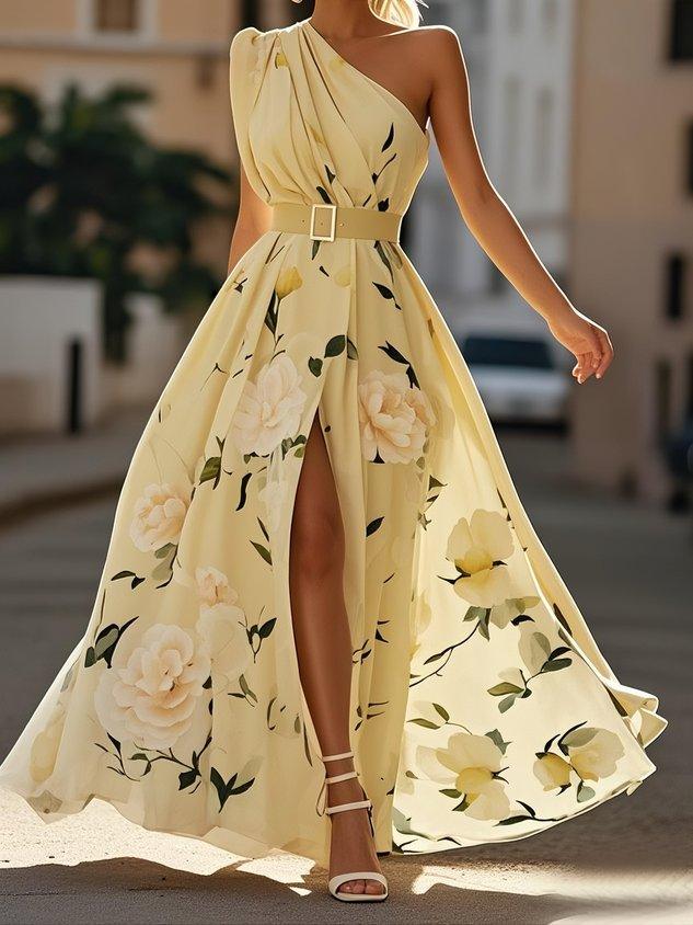 Julie | Light Green Floral Chiffon One-Shoulder Maxi Dress