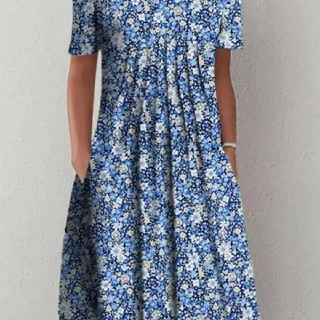 Floral Round Neck Pocket Midi Dress | Spring Summer Women'S Casual Feminine Gown, Modern Artistic Design, Layered Chic Look, Relaxed Everyday Style